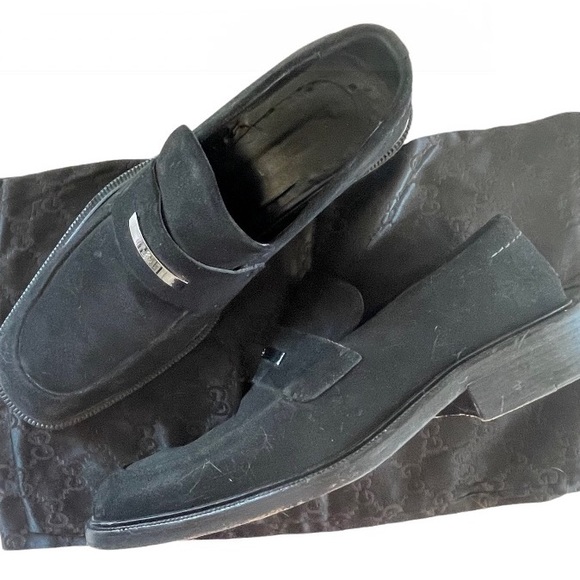 Gucci black suede Mens loafers w/ silver Engraved hardware/ 9D - Picture 1 of 14